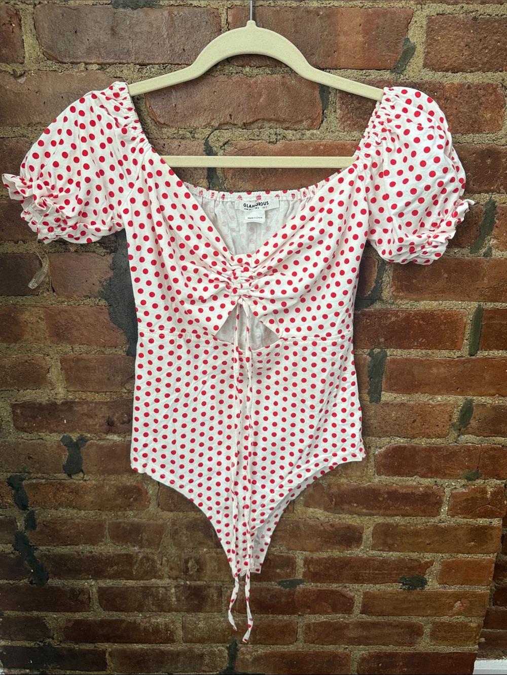 Glamorous White Red Polka Dot Puff Sleeve Bodysuit